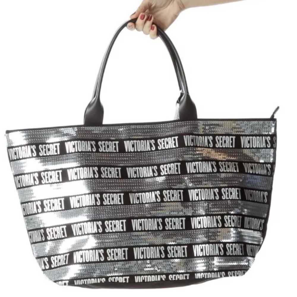 Victoria's Secret silver and black canvas and sequins large tote bag . 22x14x6.
